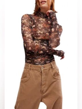 Free People Intimately Mesh Turtleneck Bodysuit Floral Dark Black Combo NWT XS